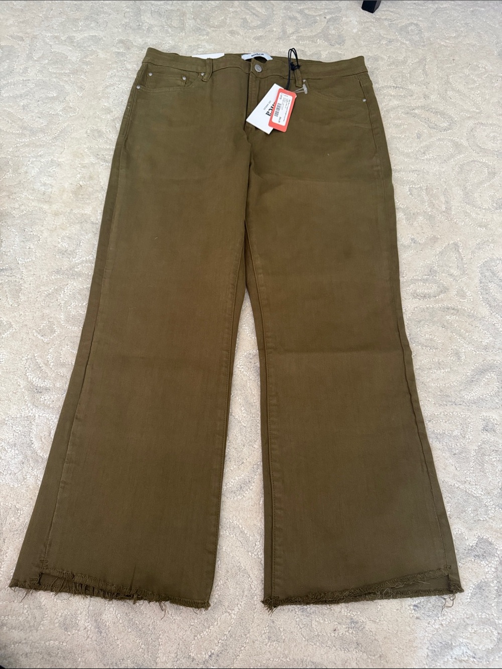 High-Rise Olive Straight-Leg Women’s Jeans with Raw Hem